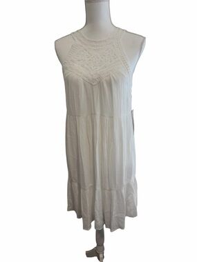 Women's White Midi Dress with Crochet Yoke